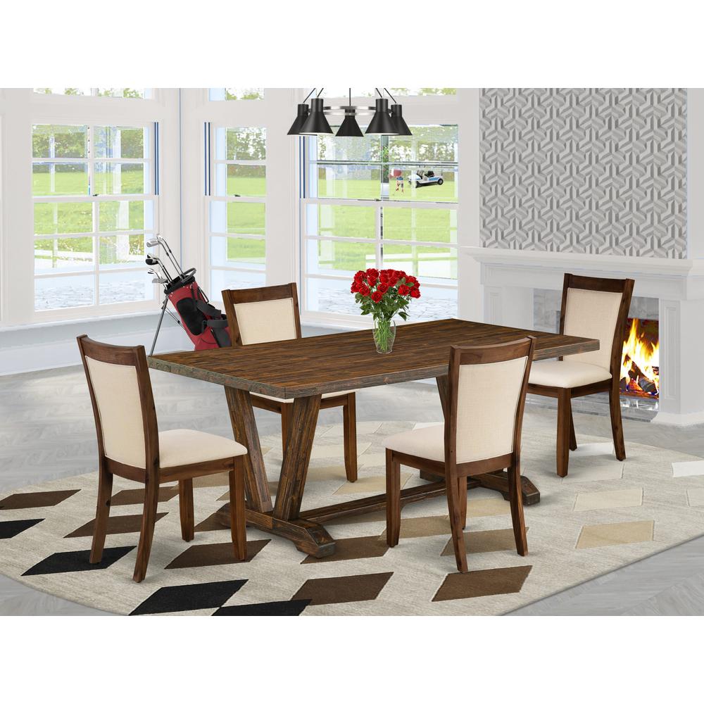 East West Furniture 5-Pc Dining Room Set Includes a Dining Table and 4 Light Beige Linen Fabric Mid Century Dining Chairs with Stylish Back - Distressed Jacobean Finish. Picture 1