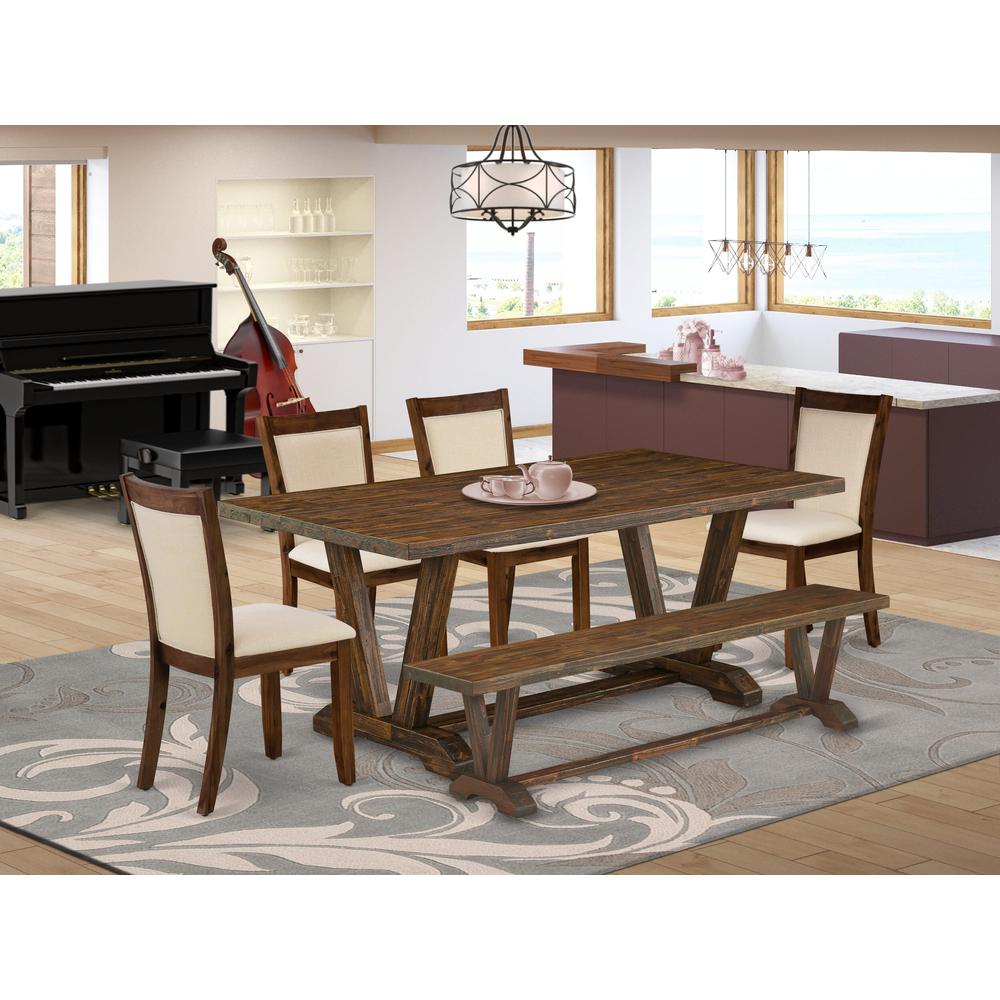 East West Furniture 6-Piece Modern Dining Set Consists of a Rectangular Table and a Small Bench with 4 Light Beige Linen Fabric Dining Chairs with Stylish Back - Distressed Jacobean Finish. Picture 1