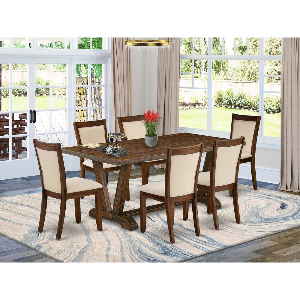 East West Furniture 7-Pc Dining Table Set Contains a Rectangular Dining Table and 6 Light Beige Linen Fabric Parsons Chairs with Stylish Back - Distressed Jacobean Finish. Picture 1