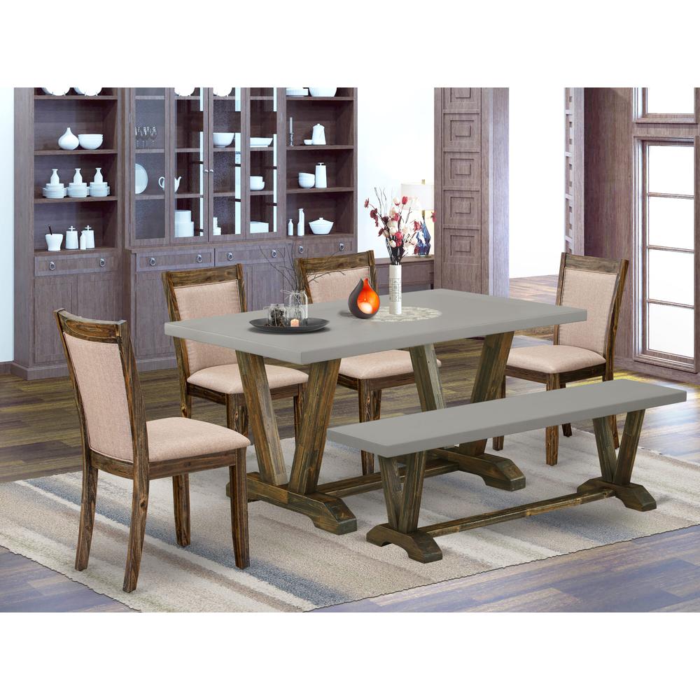 East West Furniture 6 Piece Dining Set- A Cement Top Mid Century Dining Table in Trestle Base with Dining Bench and 4 Dark Khaki Linen Fabric Kitchen Chairs - Distressed Jacobean Finish. Picture 1