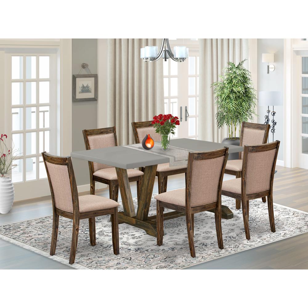 East West Furniture 7 Piece Modern Dinette Set - A Cement Top Wooden Dining Table with Trestle Base and 6 Dark Khaki Linen Fabric Kitchen Chairs - Distressed Jacobean Finish. Picture 1