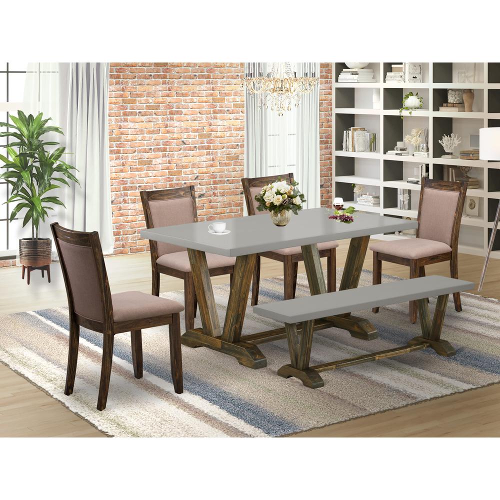 East West Furniture 6-Pc Dining Set - 4 dining room chairs, a Small Bench and 1 Kitchen Dining Table (Distressed Jacobean Finish). Picture 1