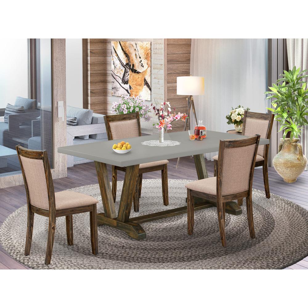 East West Furniture 5 Piece Modern Dining Set - A Cement Top Wooden Table with Trestle Base and 4 Dark Khaki Linen Fabric Chairs For Dining Room - Distressed Jacobean Finish. Picture 1
