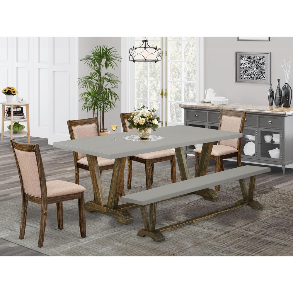East West Furniture 6 Piece Dinning Set- A Cement Top Kitchen Table in Trestle Base with Wooden Bench and 4 Dark Khaki Linen Fabrics Dining Room Chairs- Distressed Jacobean Finish. Picture 1