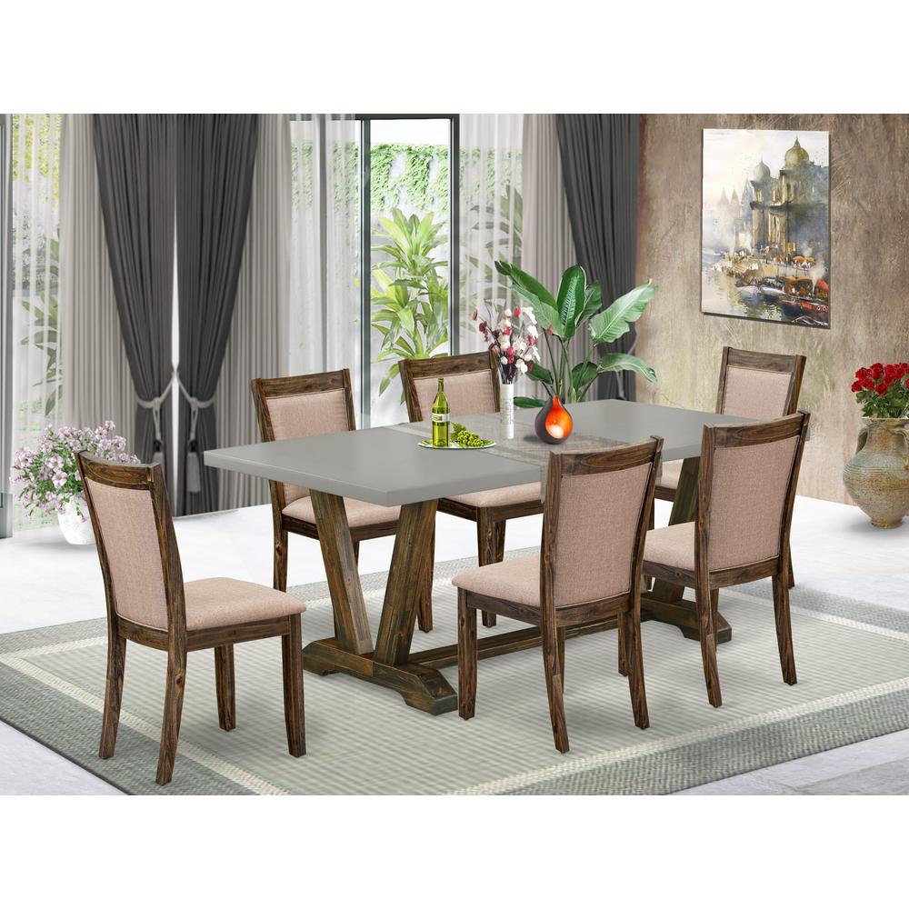 East West Furniture 7 Piece Contemporary Dinette Set - A Cement Top Dinner Table with Trestle Base and 6 Dark Khaki Linen Fabric Parson Chairs - Distressed Jacobean Finish. Picture 1