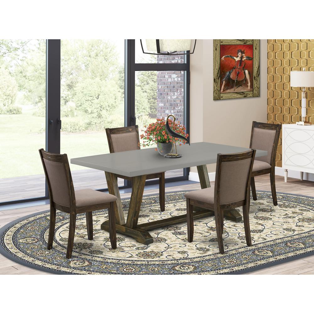 East West Furniture 5 Piece Innovative Dining Room Table Set - A Cement Top Wooden Dining Table with Trestle Base and 4 Coffee Linen Fabric Padded Chairs - Distressed Jacobean Finish. Picture 1