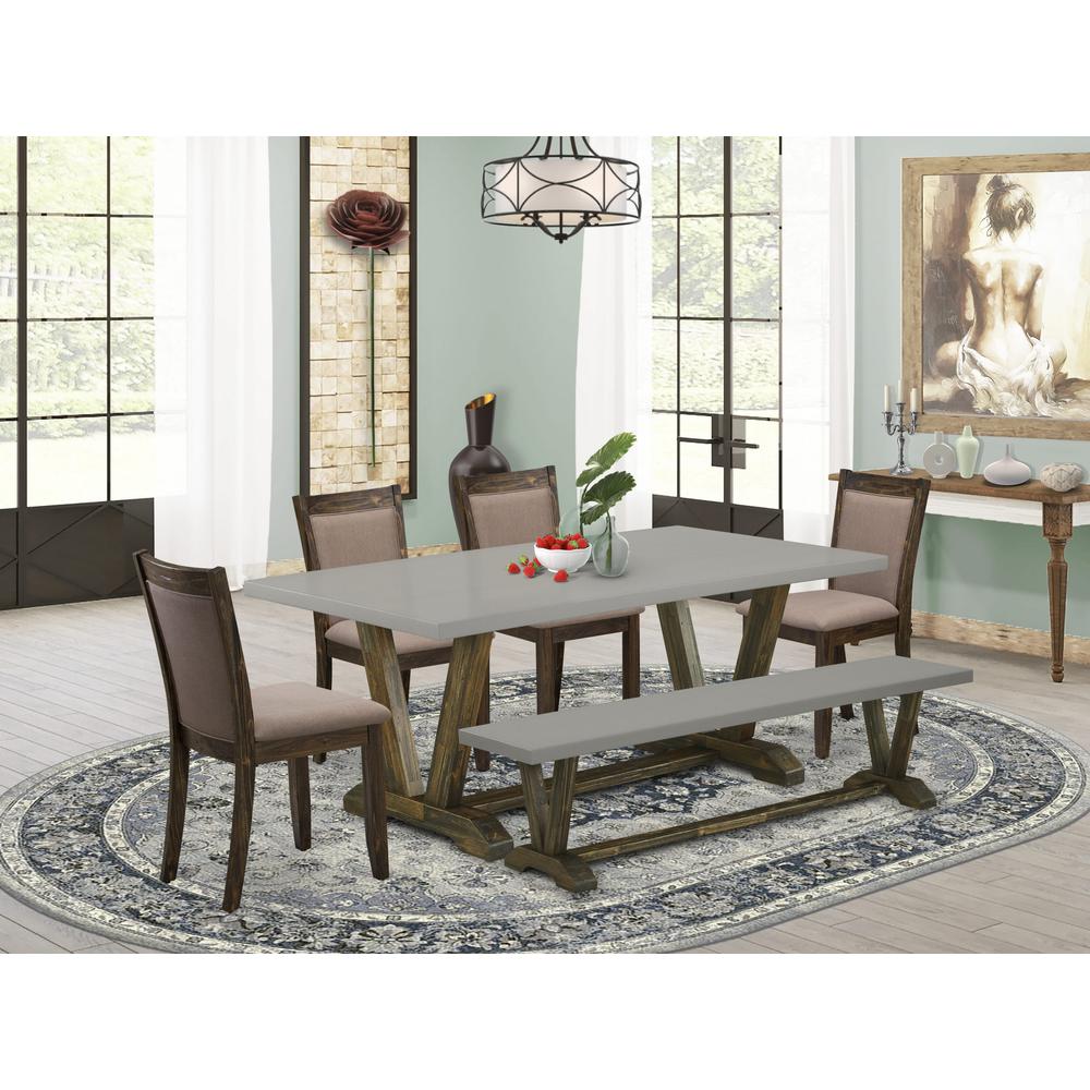 East West Furniture 6 Piece Kitchen Table Set- A Cement Top Wood Table in Trestle Base with Wood Bench and 4 Coffee Linen Fabrics Modern Chairs - Distressed Jacobean Finish. Picture 1