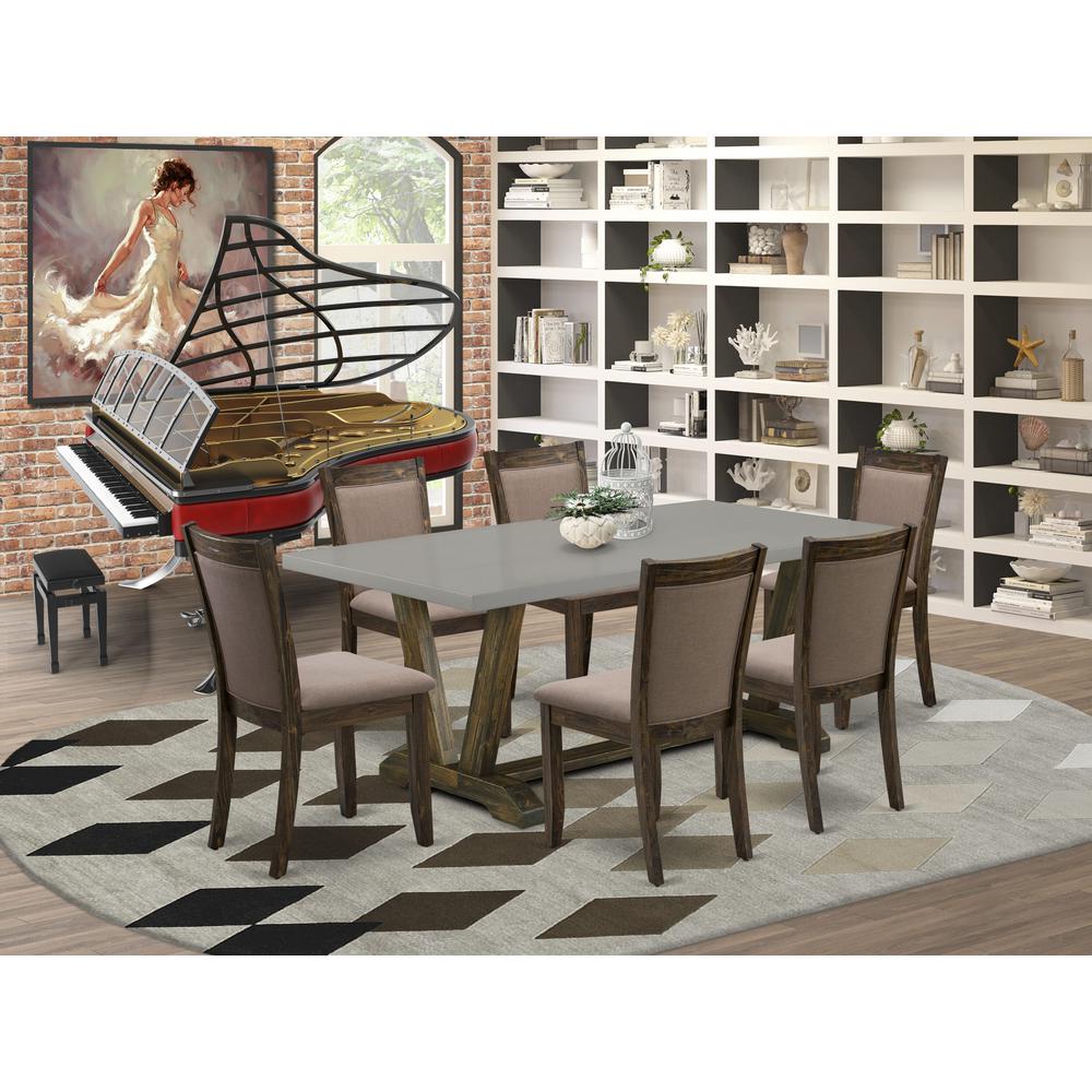 East West Furniture 7 Piece Innovative Kitchen Table Set - A Cement Top Dining Table with Trestle Base and 6 Coffee Linen Fabric Modern Dining Chairs - Distressed Jacobean Finish. Picture 1