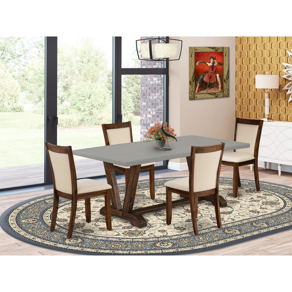 East West Furniture 5-Piece Modern Dining Set Consists of a Wooden Dining Table and 4 Light Beige Linen Fabric Dining Chairs with Stylish Back - Distressed Jacobean Finish. Picture 1