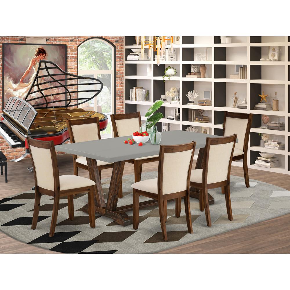 East West Furniture 7-Piece Mid Century Modern Dining Set Includes a Rectangular Table and 6 Light Beige Linen Fabric Dining Chairs with Stylish Back - Distressed Jacobean Finish. Picture 1