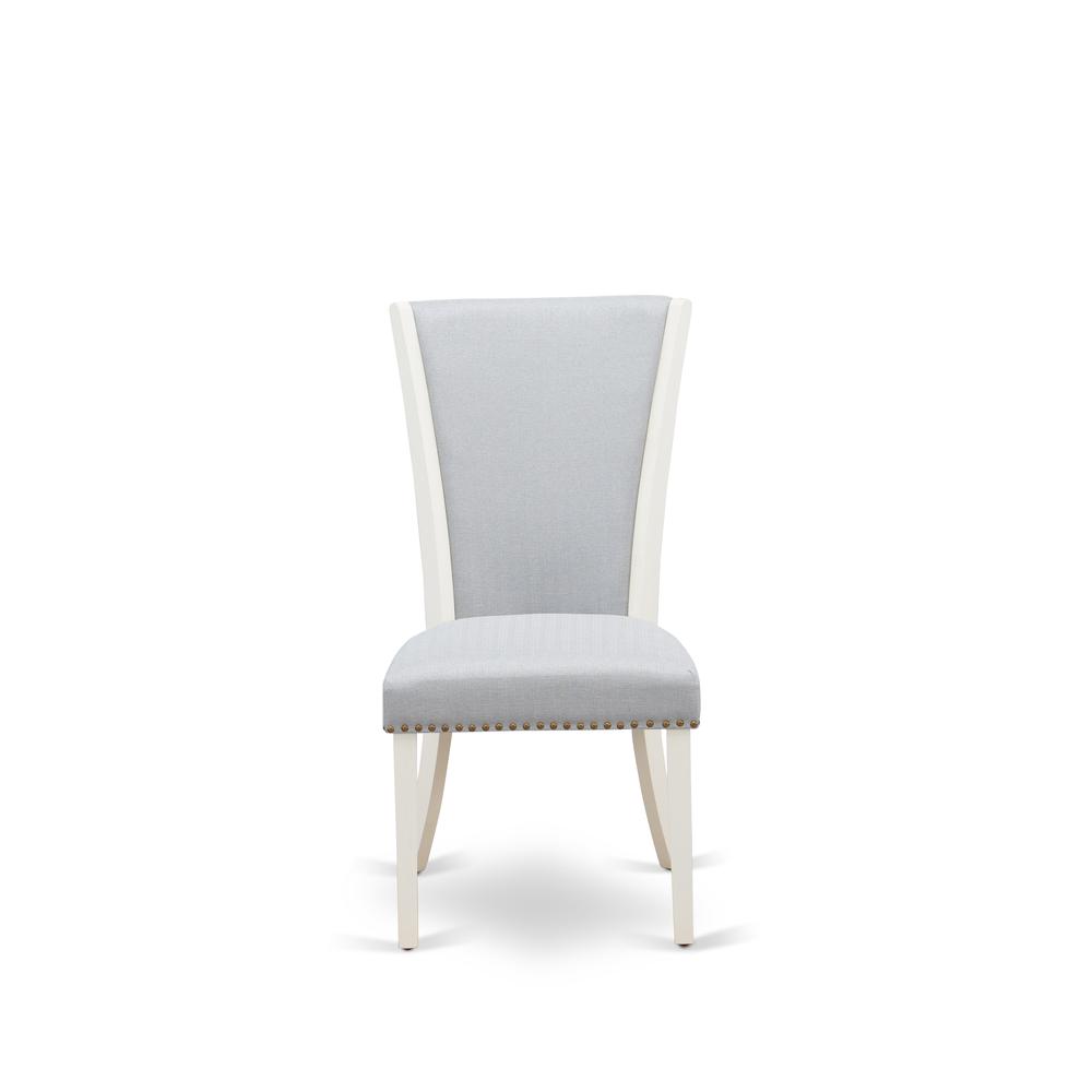 East West Furniture - Set of 2 - Upholstered Chair- Parson Chairs Includes Linen White Wood Frame with Grey Linen Fabric Seat with Nail Head and Stylish Back. Picture 2