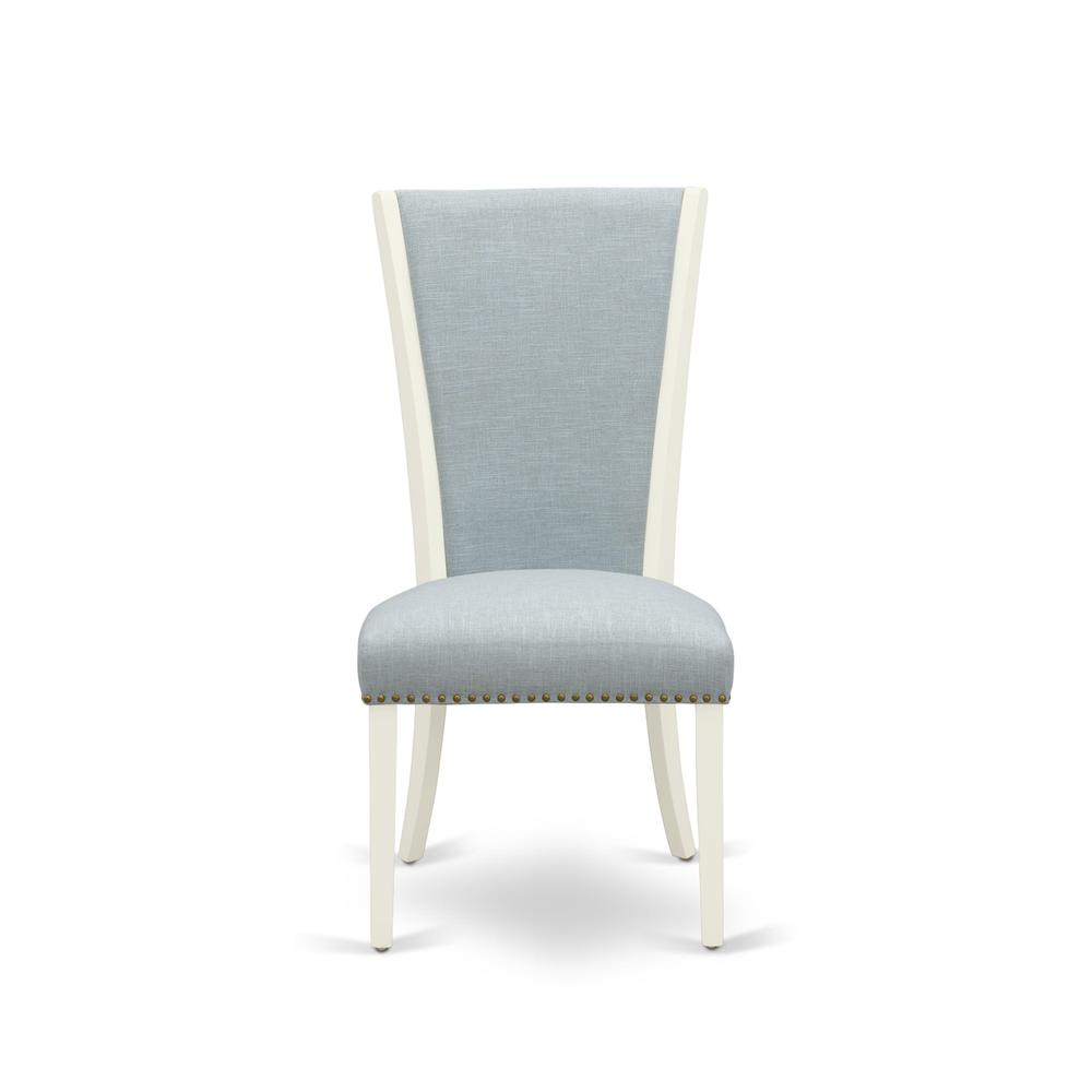 East West Furniture - Set of 2 - Dining Chair- Upholstered Chair Includes Linen White Hardwood Structure with Baby Blue Linen Fabric Seat with Nail Head and Stylish Back. Picture 2