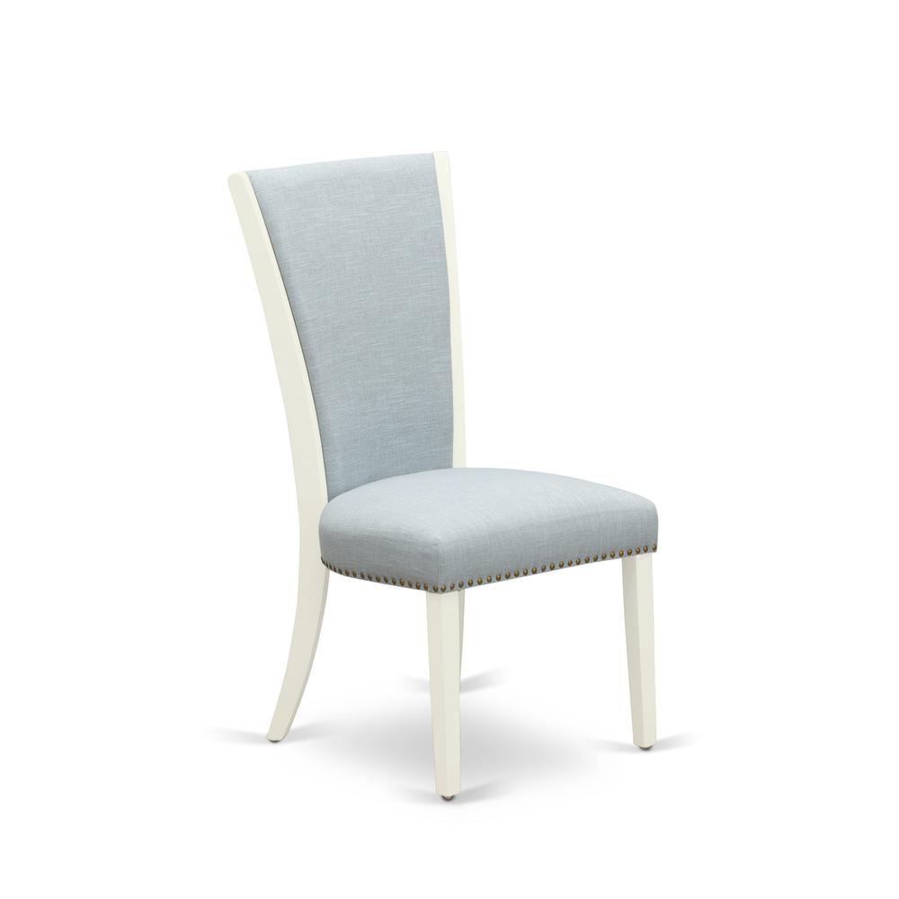 East West Furniture - Set of 2 - Dining Chair- Upholstered Chair Includes Linen White Hardwood Structure with Baby Blue Linen Fabric Seat with Nail Head and Stylish Back. Picture 3