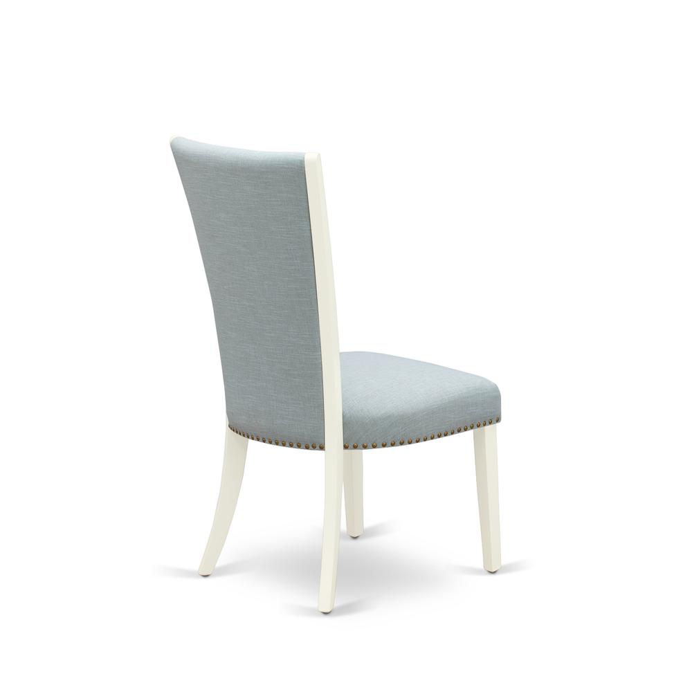 East West Furniture - Set of 2 - Dining Chair- Upholstered Chair Includes Linen White Hardwood Structure with Baby Blue Linen Fabric Seat with Nail Head and Stylish Back. Picture 4