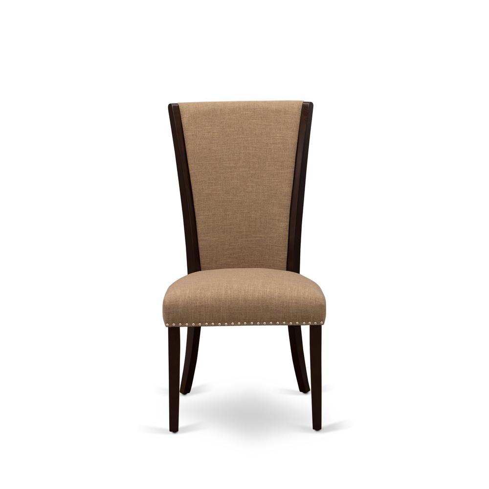 East West Furniture - Set of 2 - Upholstered Dining Chair- Wooden Chairs Includes Mahogany Solid Wood Structure with Light Sable Linen Fabric Seat with Nail Head and Stylish Back. Picture 2