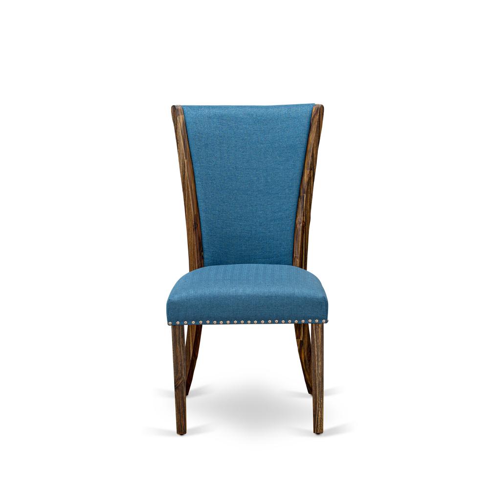 East West Furniture - Set of 2 - Upholstered Chair- Dining Chair Includes Distressed Jacobean Wood Frame with Blue Linen Fabric Seat with Nail Head and Stylish Back. Picture 2