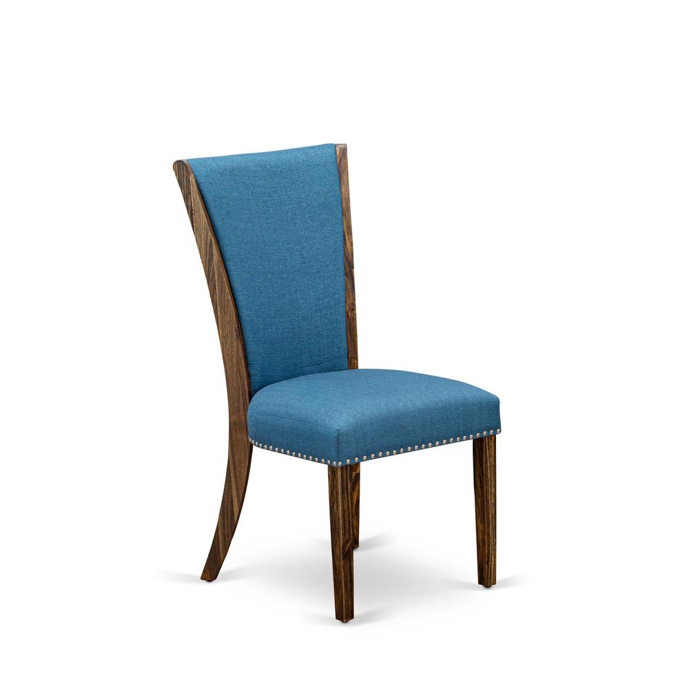 East West Furniture - Set of 2 - Upholstered Chair- Dining Chair Includes Distressed Jacobean Wood Frame with Blue Linen Fabric Seat with Nail Head and Stylish Back. Picture 3