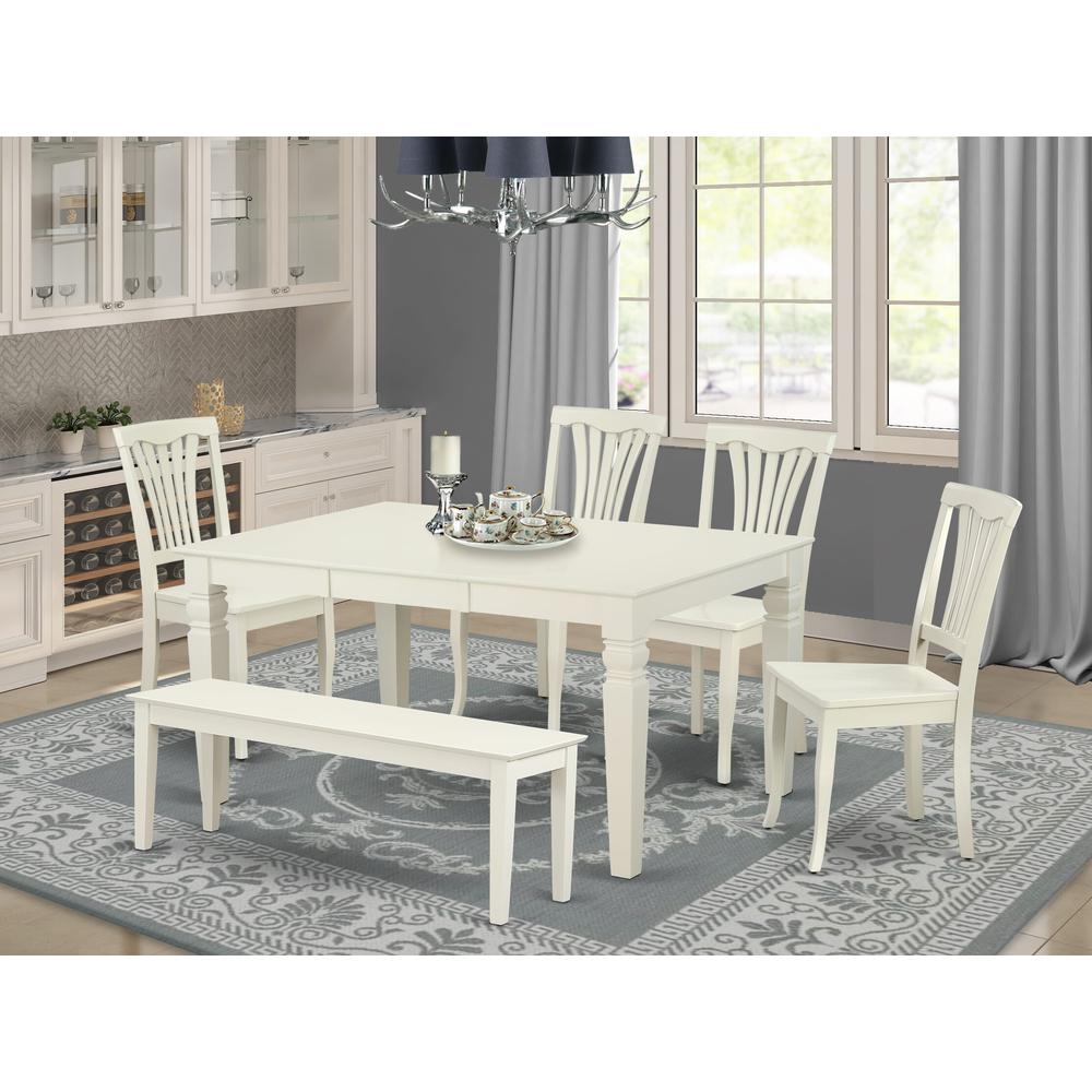 East West Furniture – 6-Pieces Kitchen Table Set - 1 Modern Rectangular Table and 4 wooden Dining Room Chairs with One Dining Bench – Linen White Finish. Picture 1