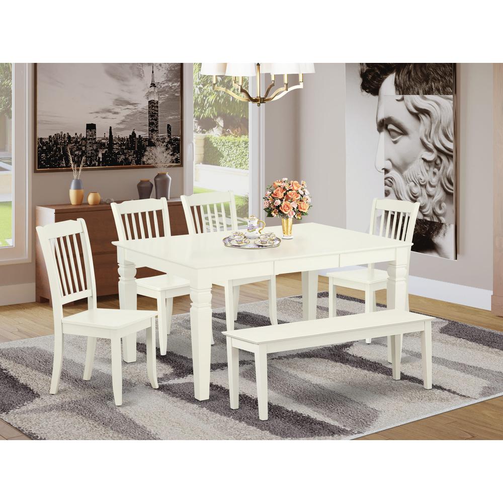 East West Furniture WEAV6-LWH-W – 6-Pieces Kitchen Table Set - 1 Modern Rectangular Table and 4 wooden Dining Room Chairs with One Dining Bench – Linen White Finish. Picture 1