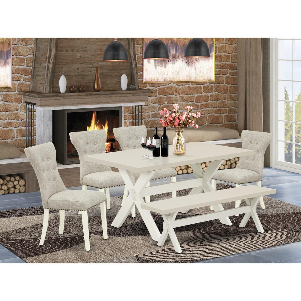 X026GA235-6 6-Piece Kitchen Dinette Set-Doeskin Linen Fabric Seat and Button Tufted Chair Back Parson dining room chairs, A Rectangular Bench and Rectangular top Kitchen Table with Wooden Legs - Linen. Picture 1