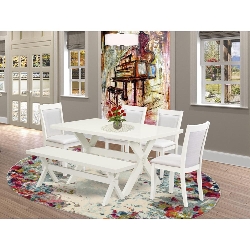 X026MZ001-6 6-Pc Dining Table Set Contains a Dinner Table - 4 Cream Dining Chairs and a Bench - Wire Brushed Linen White Finish. Picture 1