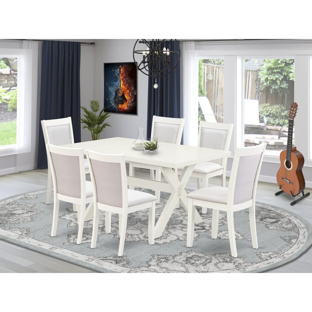 X026MZ001-7 7-Piece Dining Set Contains a Dining Table and 6 Cream Upholstered Dining Chairs - Wire Brushed Linen White Finish. Picture 1