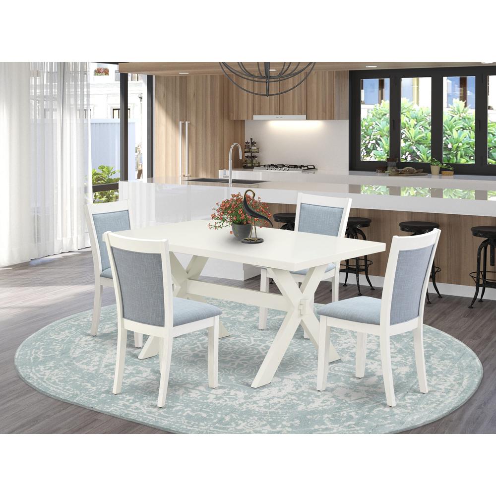 X026MZ015-5 5-Piece Dining Room Table Set Contains a Dining Table and 4 Baby Blue Padded Chairs - Wire Brushed Linen White Finish. Picture 1