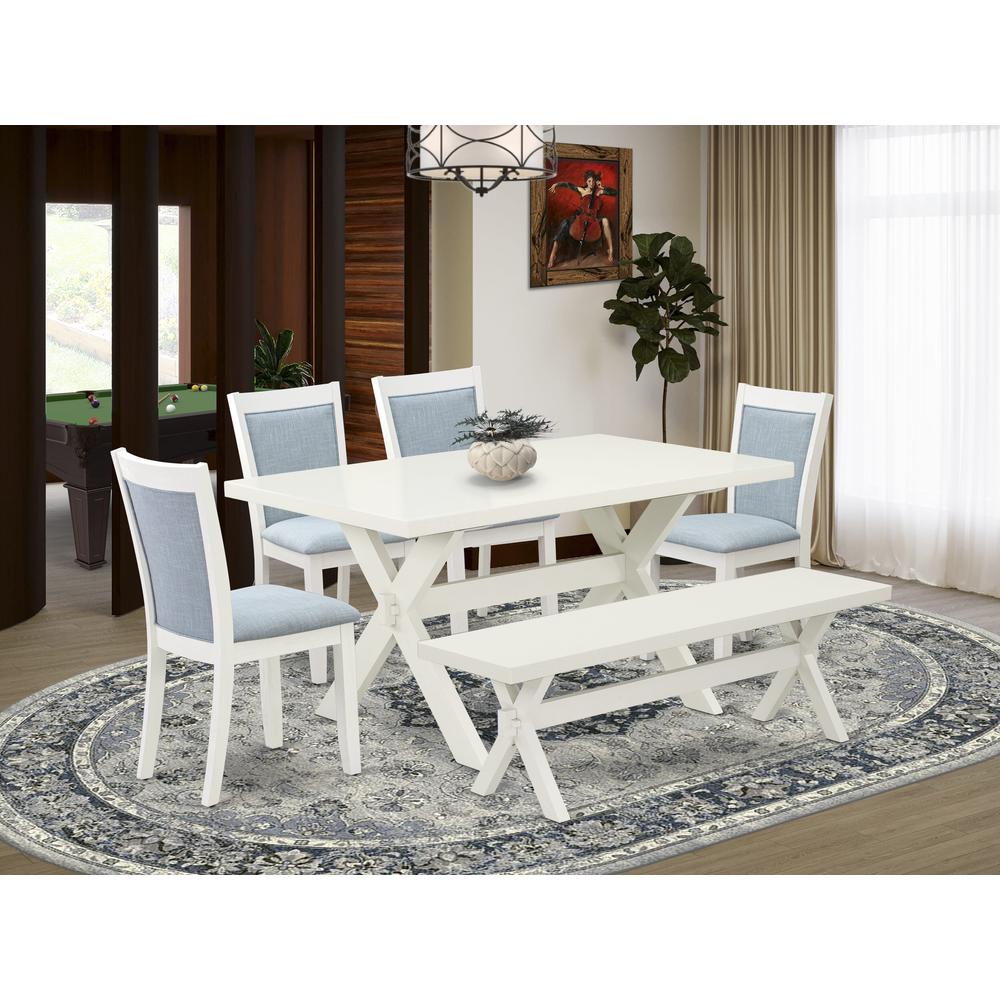 X026MZ015-6 6-Pc Dining Set Contains a Wood Table - 4 Baby Blue Dining Chairs and a Small Bench - Wire Brushed Linen White Finish. Picture 1