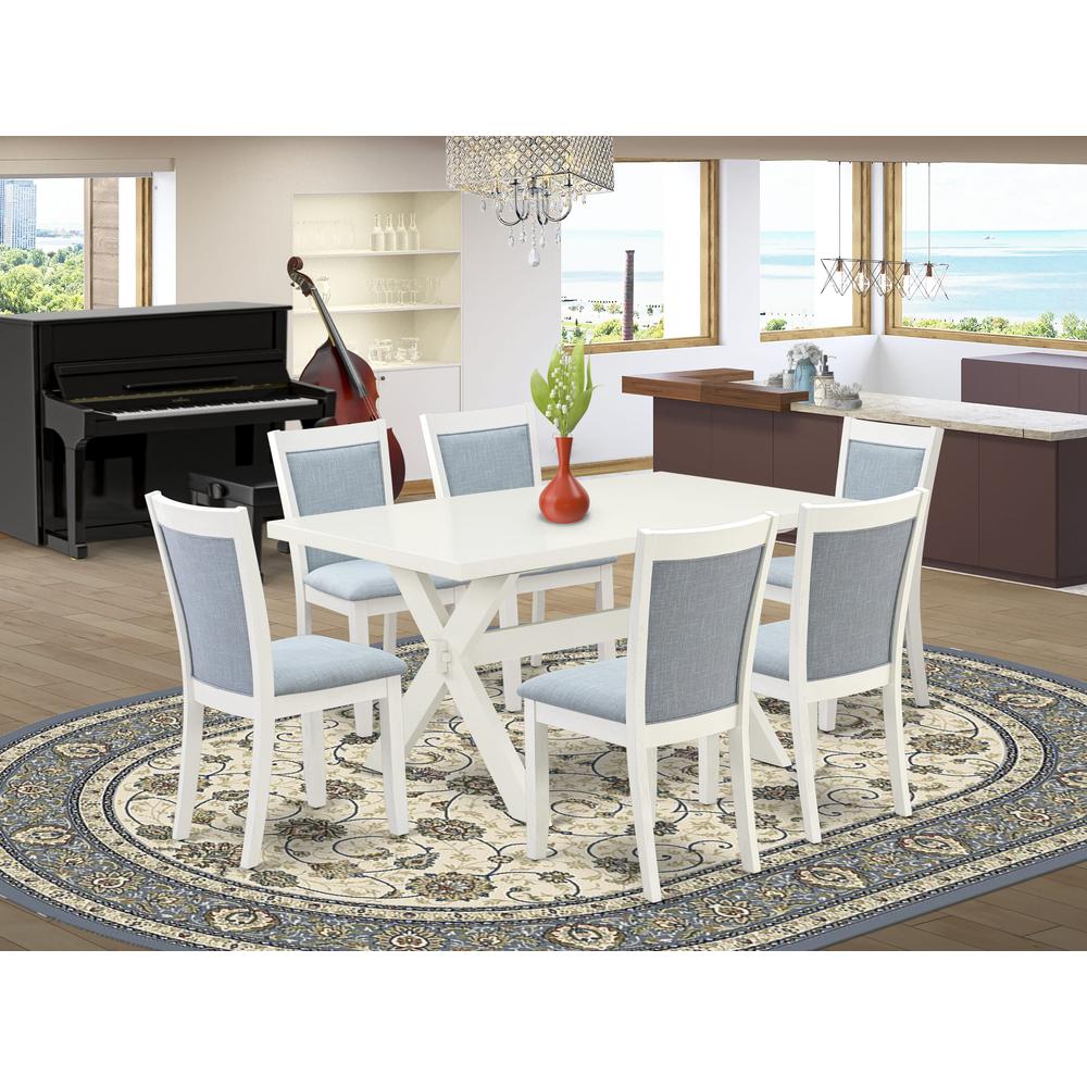 X026MZ015-7 7-Piece Dining Table Set Contains a Wooden Table and 6 Baby Blue Dining Room Chairs - Wire Brushed Linen White Finish. Picture 1