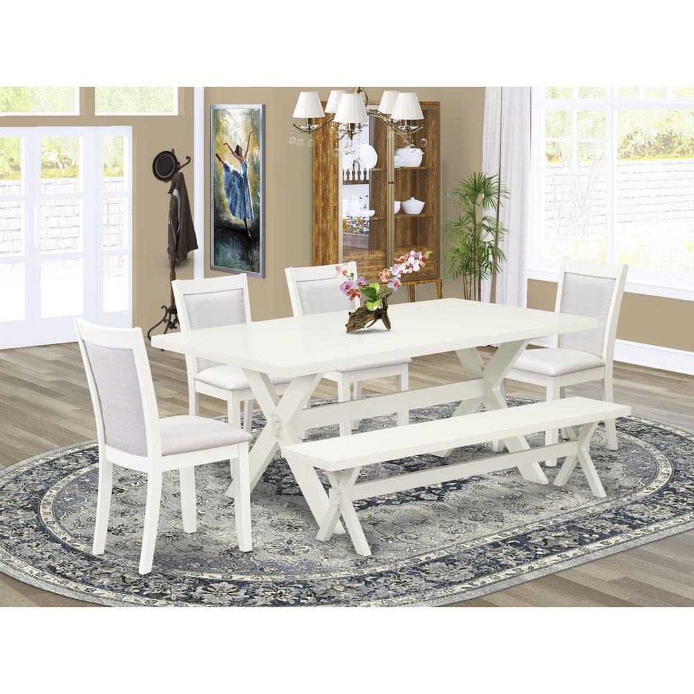 X027MZ001-6 6-Piece Dining Set Includes a Dining Table - 4 Cream Dining Chairs and a Wood Bench - Wire Brushed Linen White Finish. Picture 1