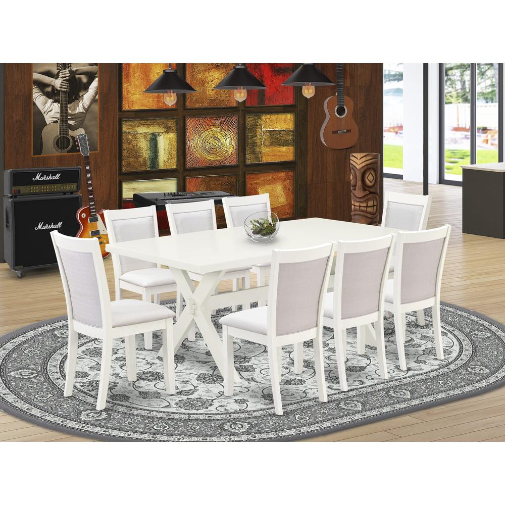 X027MZ001-9 9-Pc Dining Room Set Includes a Dining Table and 8 Cream Upholstered Dining Chairs - Wire Brushed Linen White Finish. Picture 1