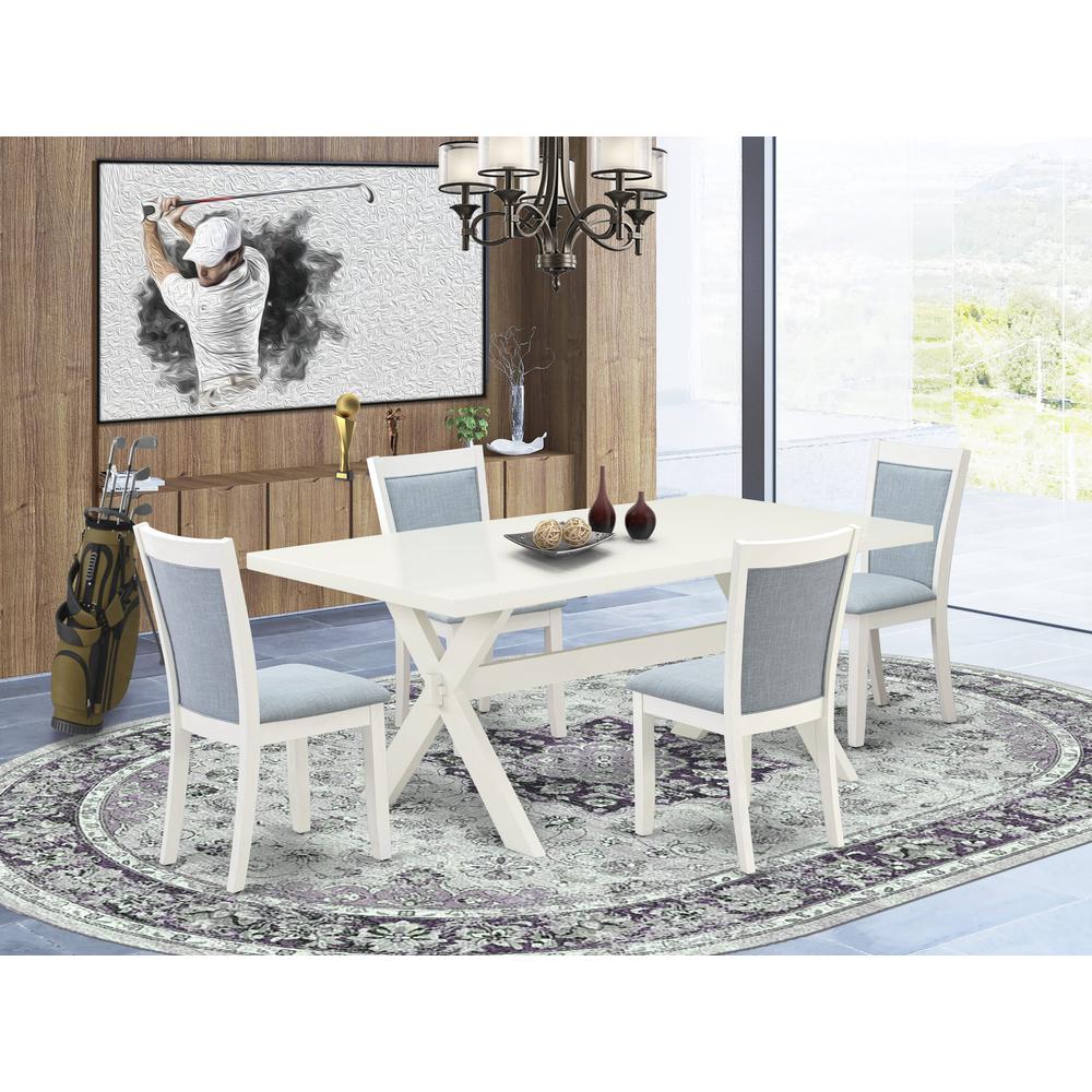 X027MZ015-5 5-Pc Dinette Set Includes a Dining Room Table and 4 Baby Blue Parson Dining Chairs - Wire Brushed Linen White Finish. Picture 1