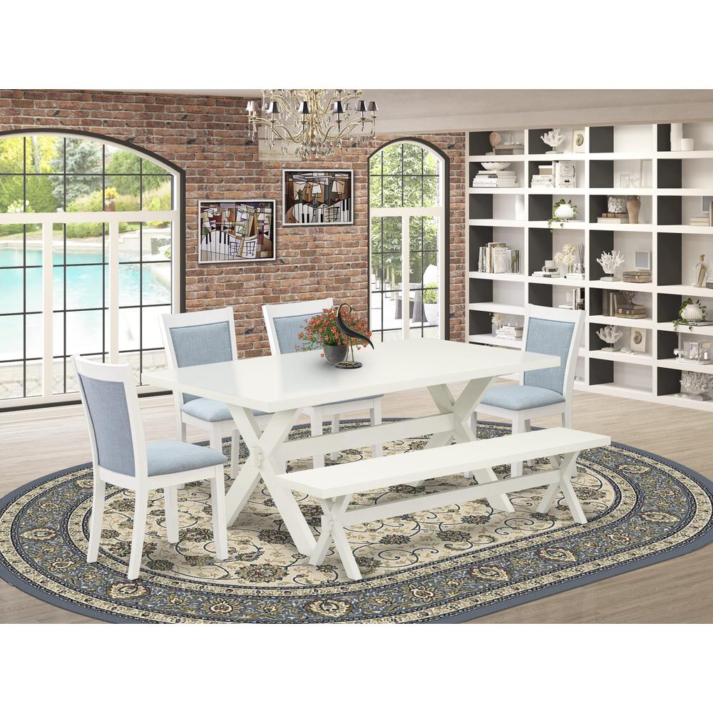X027MZ015-6 6-Piece Table Set Includes a Dining Table - 4 Baby Blue Parson Chairs and a Bench - Wire Brushed Linen White Finish. Picture 1
