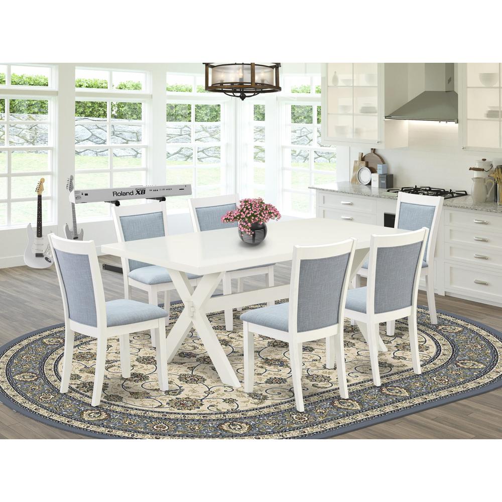 X027MZ015-7 7-Pc Dining Set Includes a Wooden Dining Table and 6 Baby Blue Dining Room Chairs - Wire Brushed Linen White Finish. Picture 1