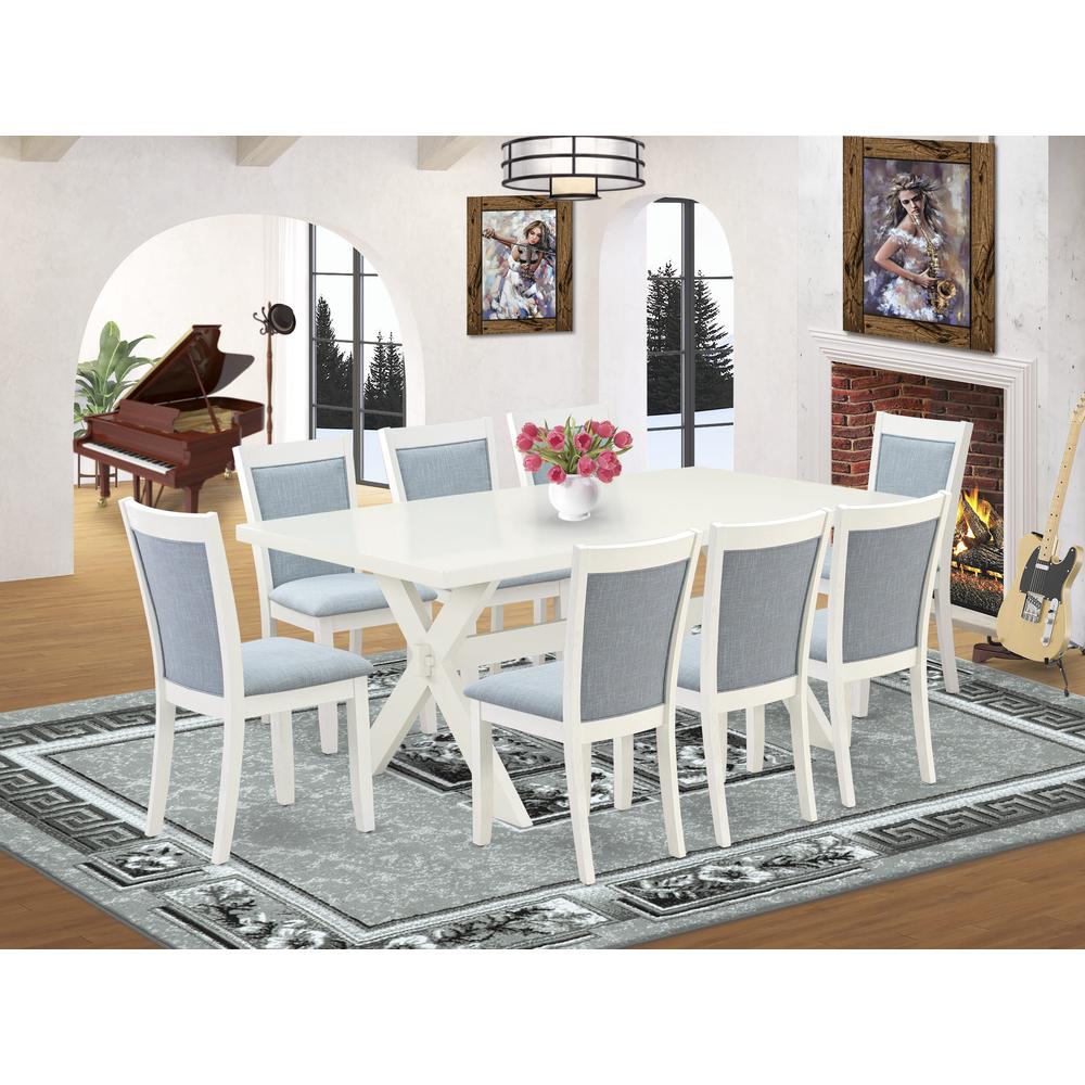X027MZ015-9 9-Pc Modern Dining Table Set Includes a Dining Table and 8 Baby Blue Dining Chairs - Wire Brushed Linen White Finish. Picture 1