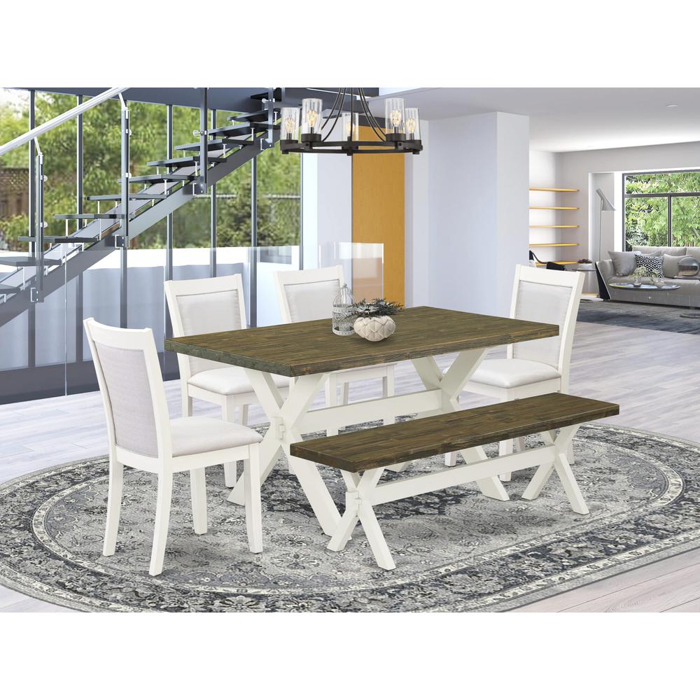 X076MZ001-6 6-Pc Table Set Consists of a Dining Table - 4 Cream Parson Chairs and a Wood Bench - Wire Brushed Linen White Finish. Picture 1