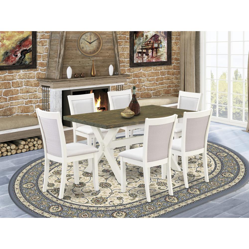 X076MZ001-7 7-Piece Modern Dining Table Set Consists of a Wooden Table and 6 Cream Dining Chairs - Wire Brushed Linen White Finish. Picture 1