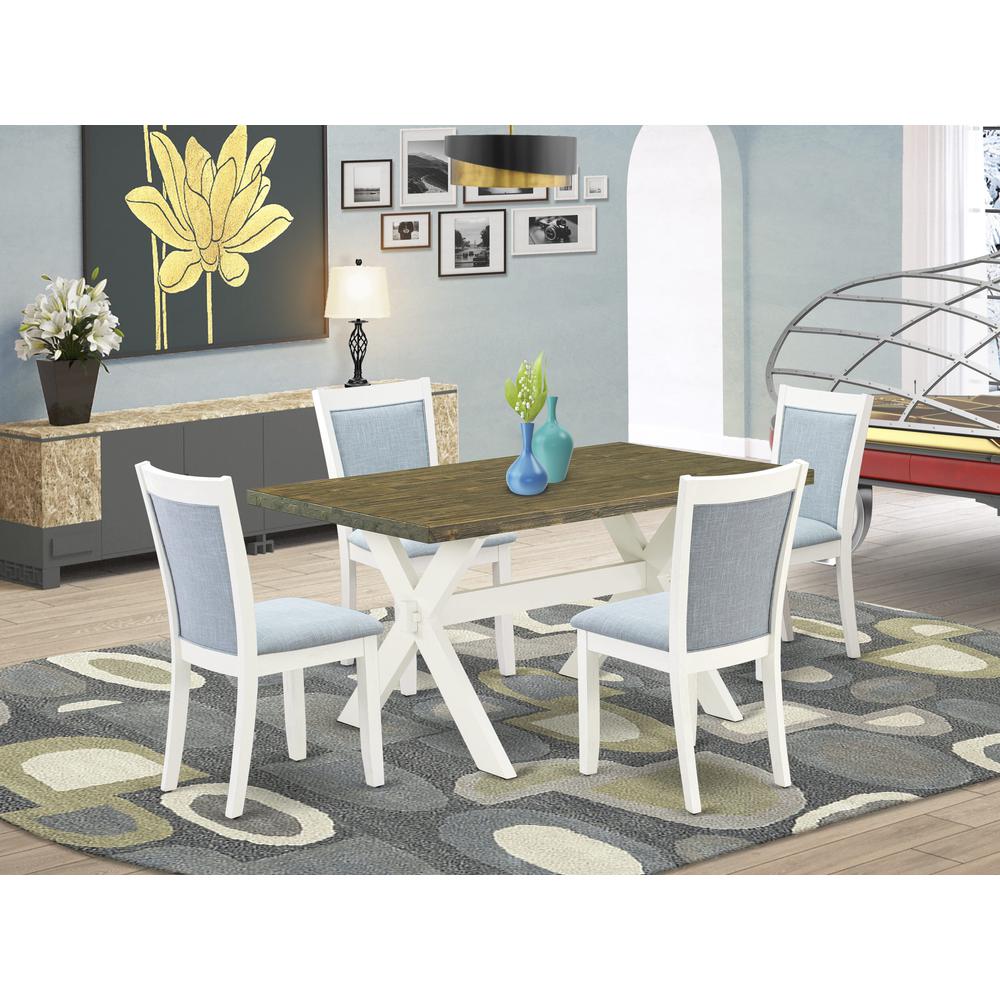 X076MZ015-5 5-Piece Dining Table Set Consists of a Wood Table and 4 Baby Blue Parson Chairs - Wire Brushed Linen White Finish. Picture 1