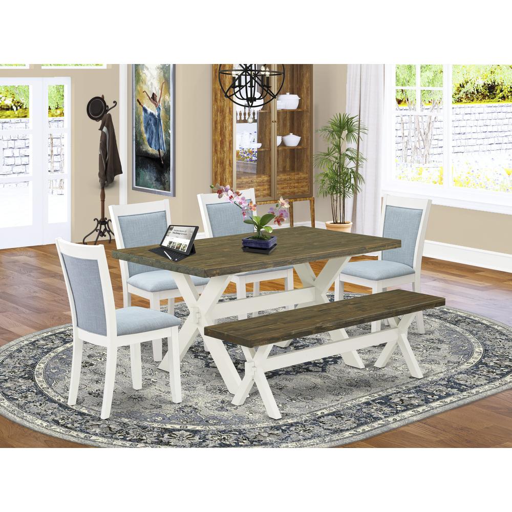 X076MZ015-6 6-Pc Table Set Consists of a Wood Table - 4 Baby Blue Padded Chairs and a Wood Bench - Wire Brushed Linen White Finish. Picture 1
