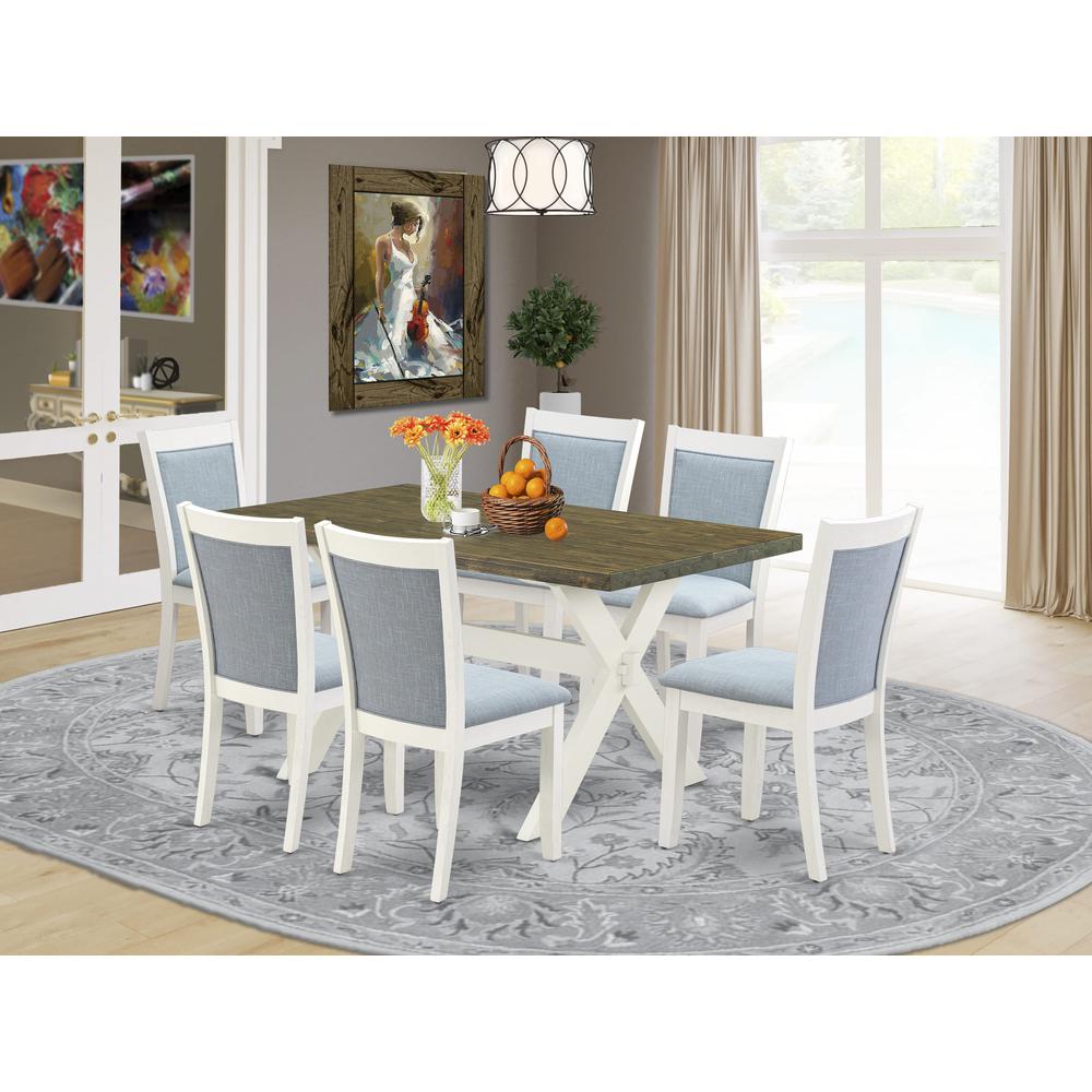 X076MZ015-7 7-Piece Kitchen Table Set Consists of a Dinner Table and 6 Baby Blue Parsons Chairs - Wire Brushed Linen White Finish. Picture 1