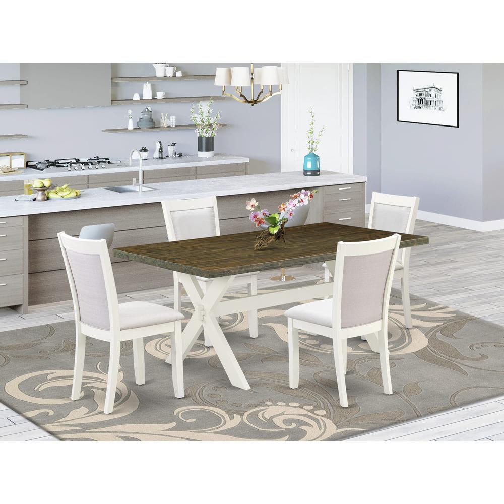 East West Furniture 5-Pc Kitchen Table Set Contains a Dining Table and 4 Cream Linen Fabric Dinning Chairs with Stylish Back - Wire Brushed Linen White Finish. Picture 1