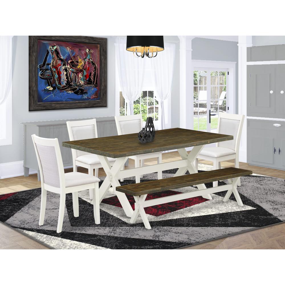 East West Furniture 6-Pc Kitchen Table Set Contains a Dining Table - 4 Cream Linen Fabric Dining Chairs with Stylish Back and a Small Bench - Wire Brushed Linen White Finish. Picture 1