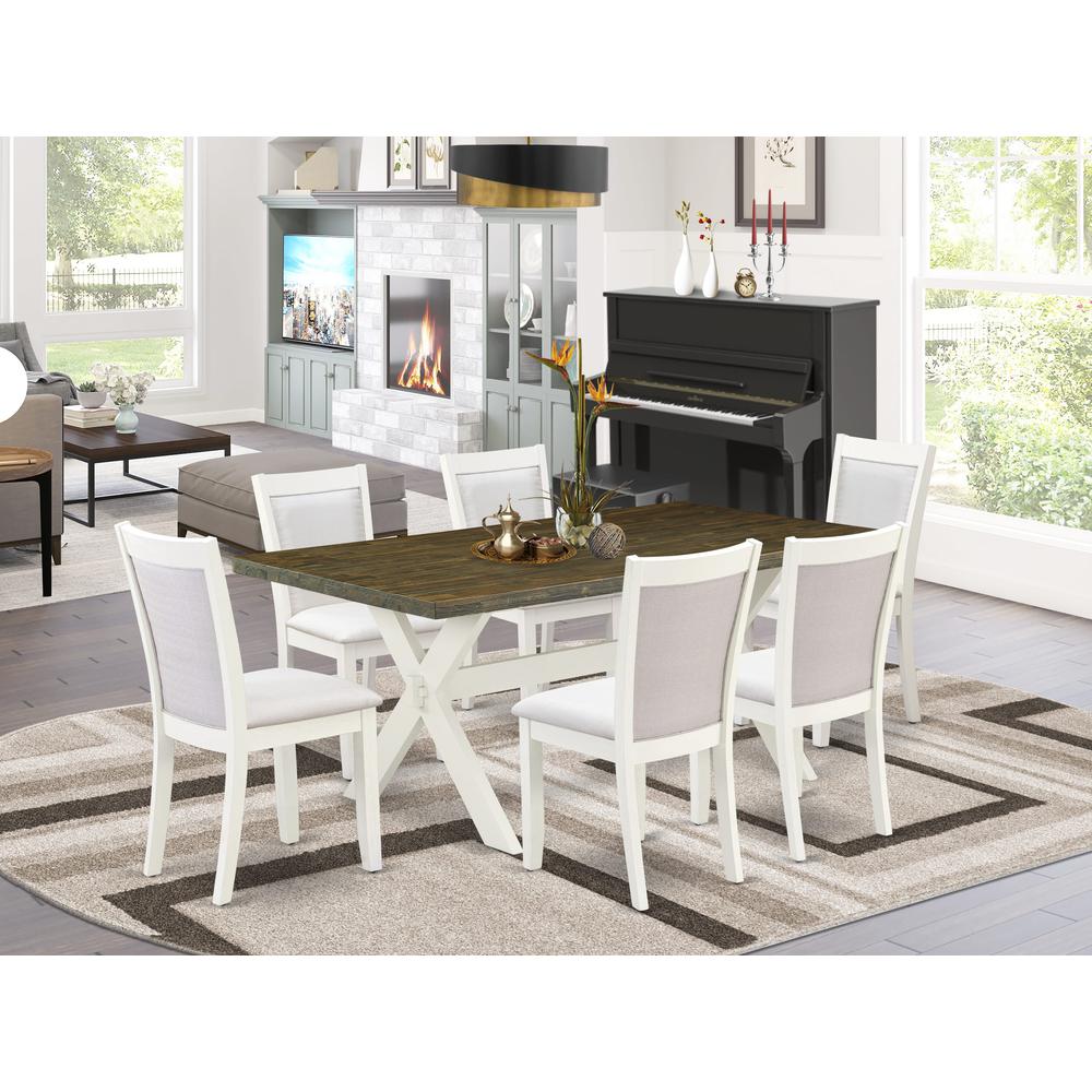 East West Furniture 7-Pc Dining Room Set Contains a Kitchen Table and 6 Cream Linen Fabric Parson Chairs with Stylish Back - Wire Brushed Linen White Finish. Picture 1