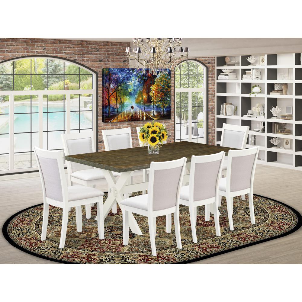 East West Furniture 9-Pc Modern Dining Set Contains a Dining Room Table and 8 Cream Linen Fabric Dinner Chairs with Stylish Back - Wire Brushed Linen White Finish. Picture 1