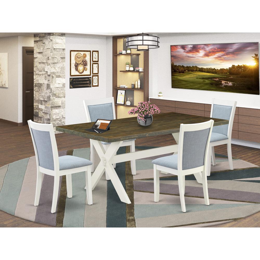 East West Furniture 5-Pc Dining Set Contains a Dining Table and 4 Baby Blue Linen Fabric Parson Chairs with Stylish Back - Wire Brushed Linen White Finish. Picture 1