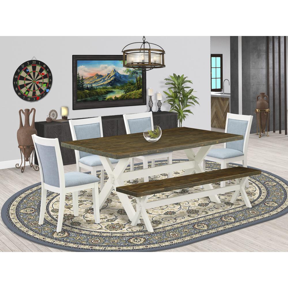 East West Furniture 6-Pc Dining Set Contains a Dining Room Table - 4 Baby Blue Linen Fabric Dining Chairs with Stylish Back and a Small Dining Bench - Wire Brushed Linen White Finish. Picture 1