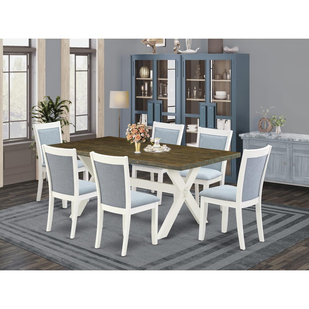 East West Furniture 7-Pc Modern Dining Table Set Contains a Mid Century Dining Table and 6 Baby Blue Linen Fabric Parson Chairs with Stylish Back - Wire Brushed Linen White Finish. Picture 1