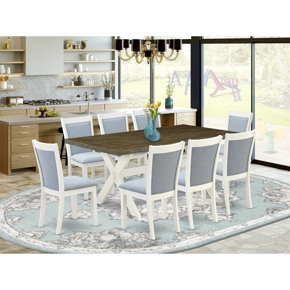 East West Furniture 9-Pc Table Set Contains a Wooden Table and 8 Baby Blue Linen Fabric Dining Room Chairs with Stylish Back - Wire Brushed Linen White Finish. Picture 1