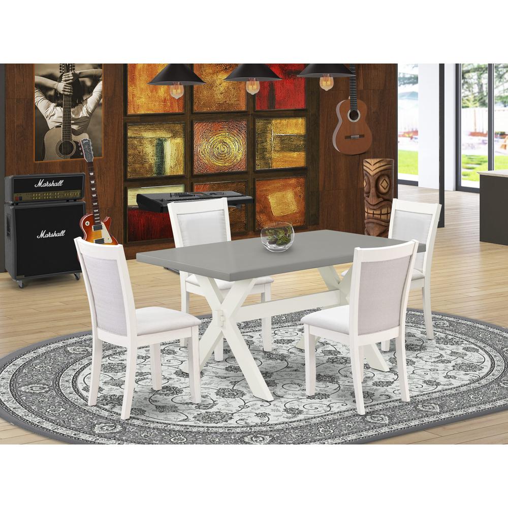 East West Furniture 5-Piece Modern Dining Table Set Includes a Mid Century Dining Table and 4 Cream Linen Fabric Dinning Room Chairs with Stylish Back - Wire Brushed Linen White Finish. Picture 1