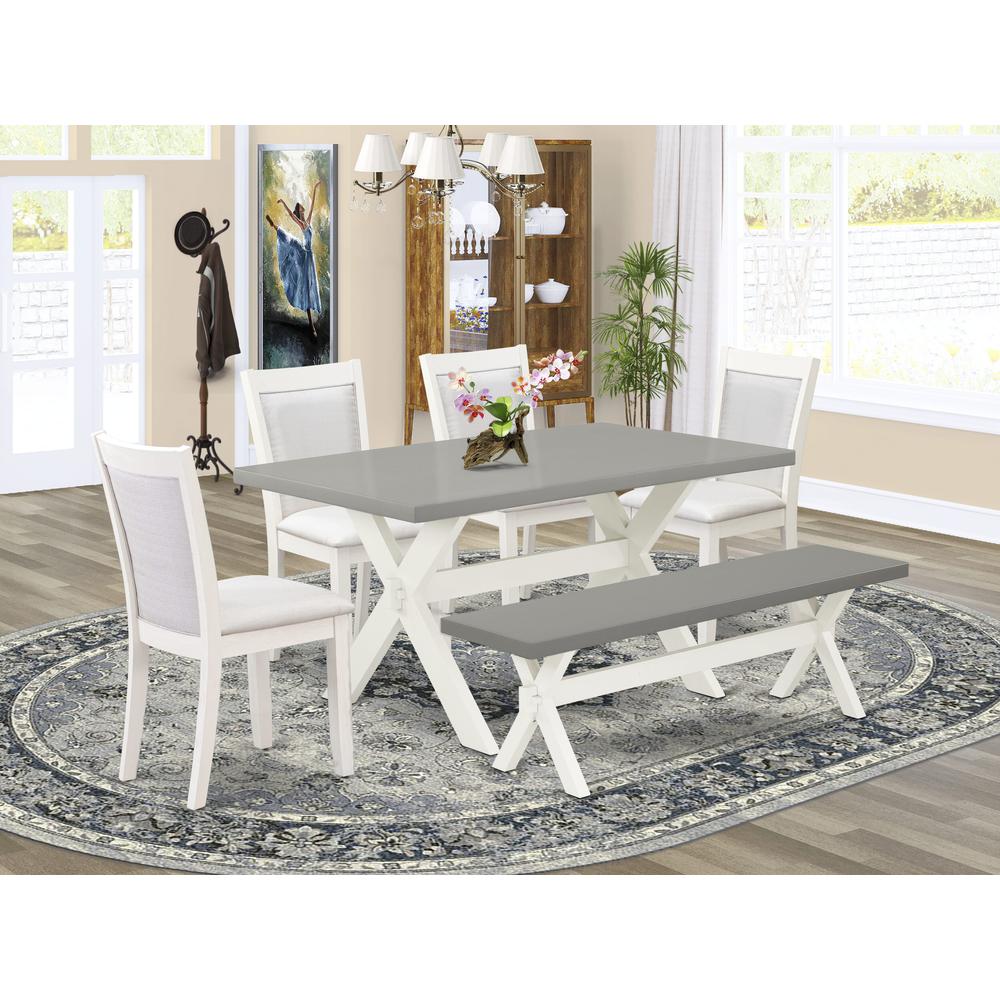 East West Furniture 6-Piece Modern Dining Table Set Includes a Kitchen Table - 4 Cream Linen Fabric Dining Chairs with Stylish Back and a Dining Bench - Wire Brushed Linen White Finish. Picture 1